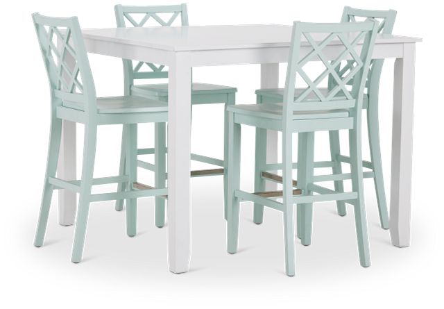 Edgartown White Square High Table & 4 Light Blue Wood Barstools