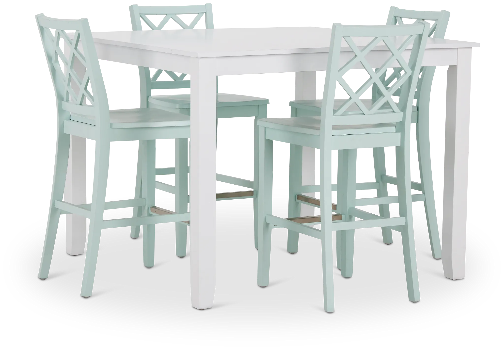 Edgartown White Square High Table & 4 Light Blue Wood Barstools