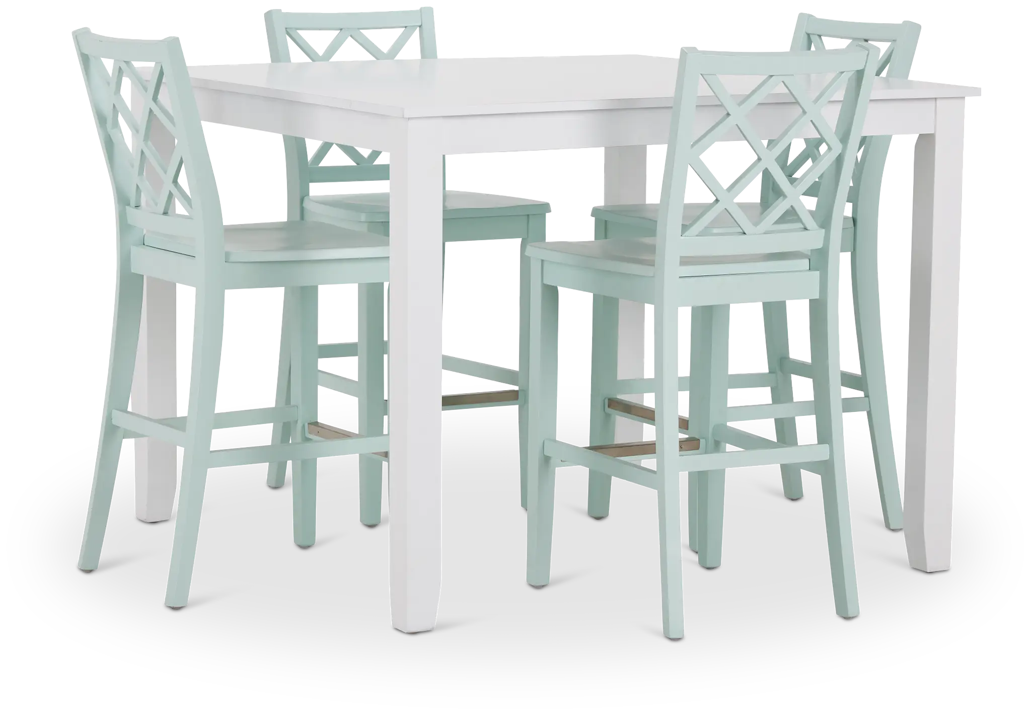 Edgartown White Square High Table & 4 Light Blue Wood Barstools Edgartown White Square High Table & 4 Light Blue Wood Barstools