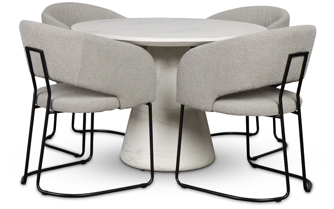 Merrick White Round Table With 4 Gray Upholstered Side Chairs
