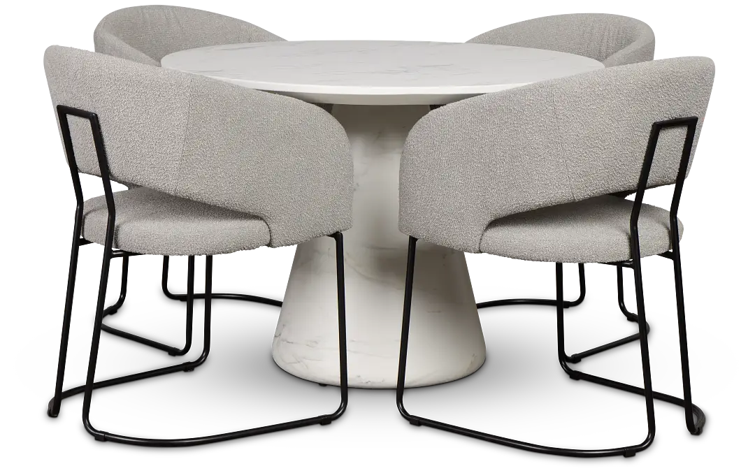 Merrick White Round Table With 4 Gray Upholstered Side Chairs Merrick White Round Table With 4 Gray Upholstered Side Chairs
