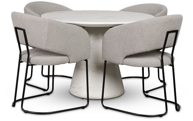 Merrick White Round Table With 4 Gray Upholstered Side Chairs