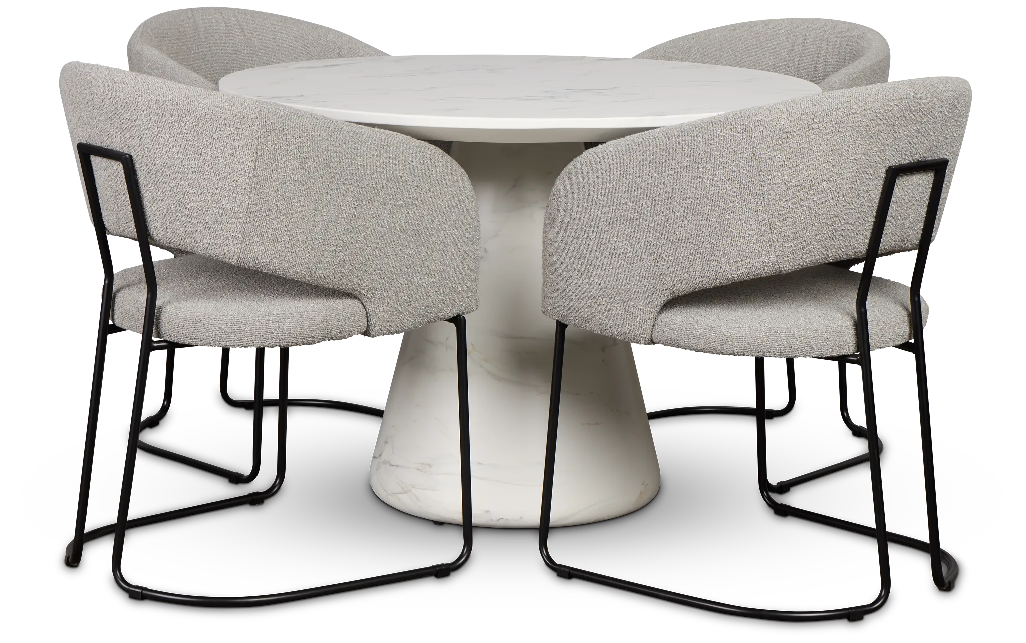 Merrick White Round Table With 4 Gray Upholstered Side Chairs