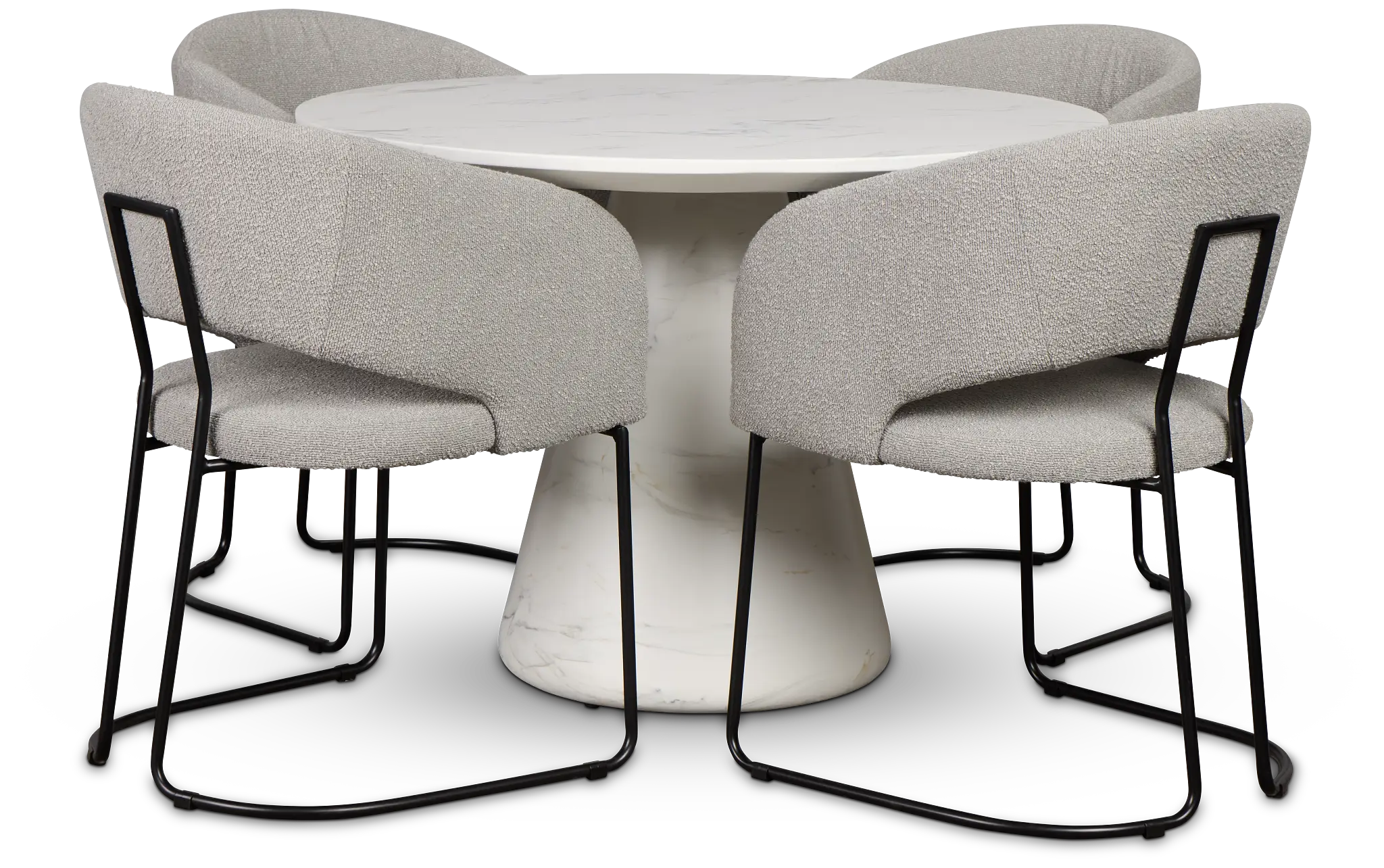 Merrick White Round Table With 4 Gray Upholstered Side Chairs Merrick White Round Table With 4 Gray Upholstered Side Chairs