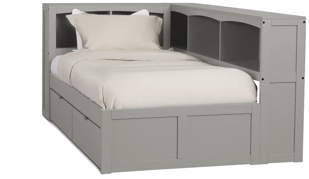 Charleston Gray Corner Bookcase Bed With 2 Storage Drawers Charleston Gray Corner Bookcase Bed With 2 Storage Drawers