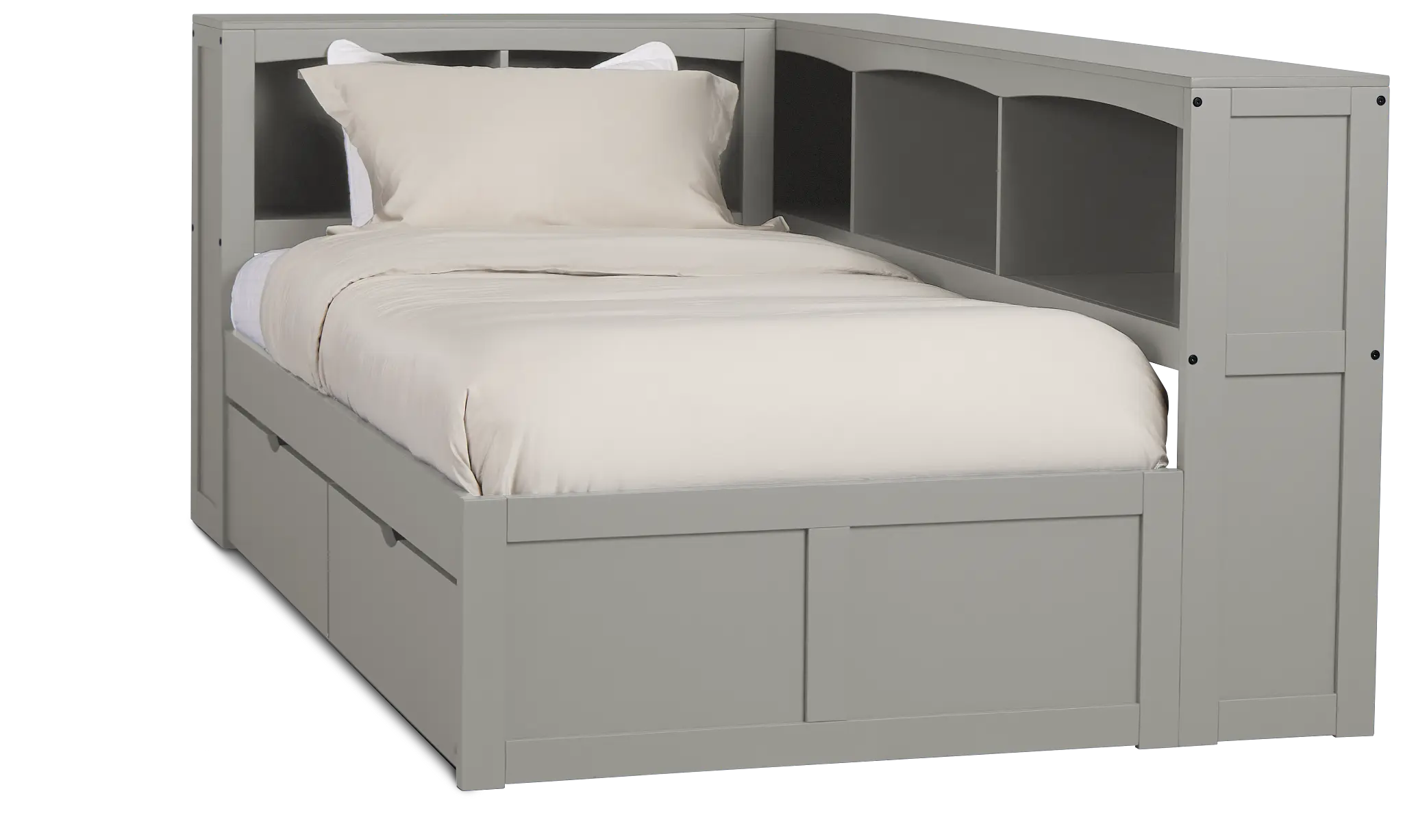 Charleston Gray Corner Bookcase Bed With 2 Storage Drawers Charleston Gray Corner Bookcase Bed With 2 Storage Drawers