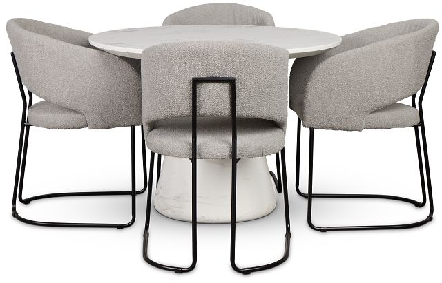 Merrick White Round Table With 4 Gray Upholstered Side Chairs