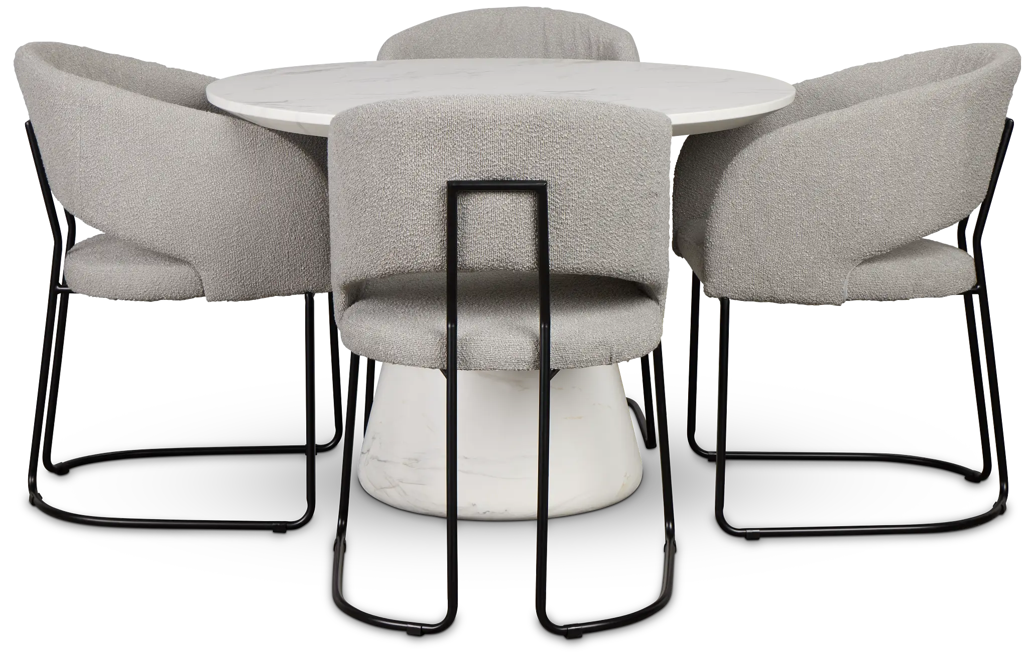 Merrick White Round Table With 4 Gray Upholstered Side Chairs Merrick White Round Table With 4 Gray Upholstered Side Chairs