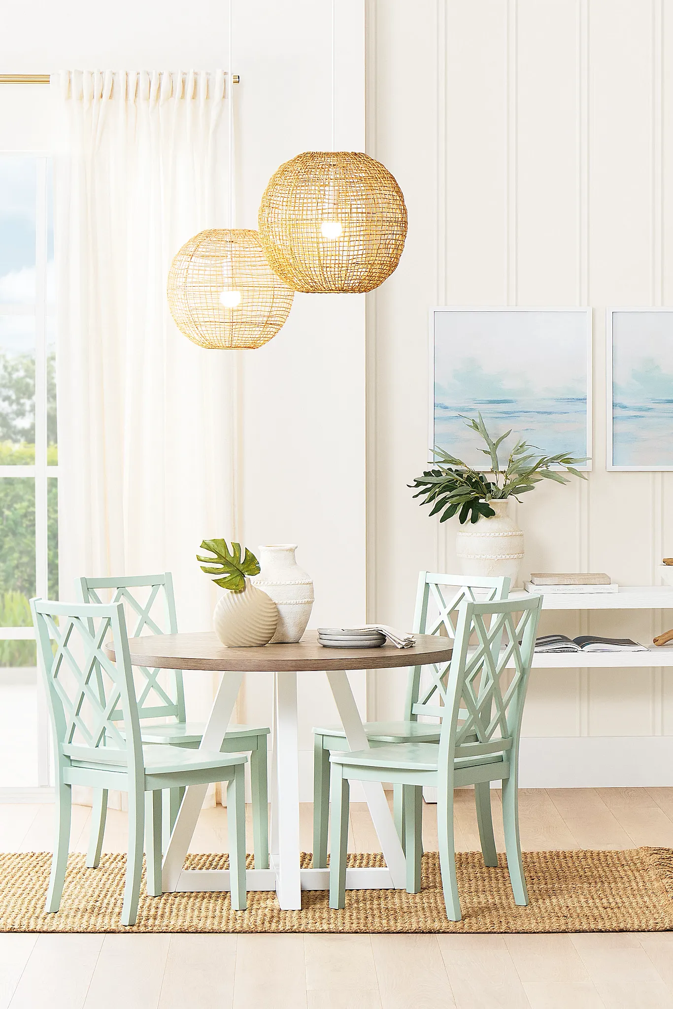 Edgartown Two-tone Round Table & 4 Light Blue Wood Chairs