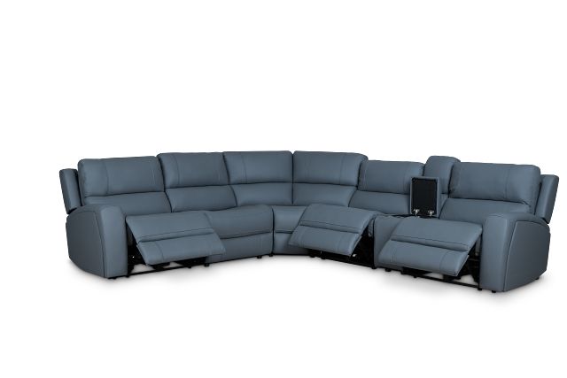 Summit Blue Lthr/vinyl Medium Triple Power 2-arm Sectional