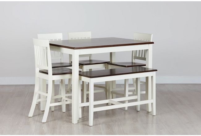 Santos White Two-tone High Table, 4 Barstools & High Bench