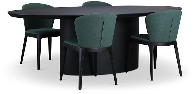 Nomad Black 94" Oval Table & 4 Dark Green Chairs W/ Black Legs