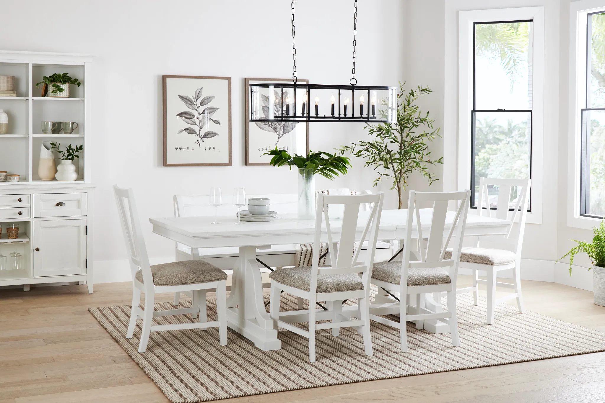 Heron Cove White Trestle Table, 4 Chairs & Bench