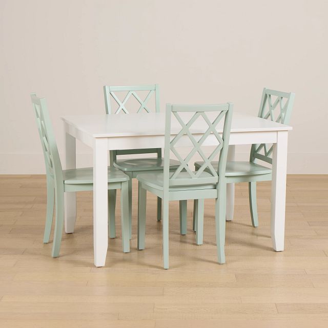 Edgartown White Rect Table & 4 Light Blue Wood Chairs