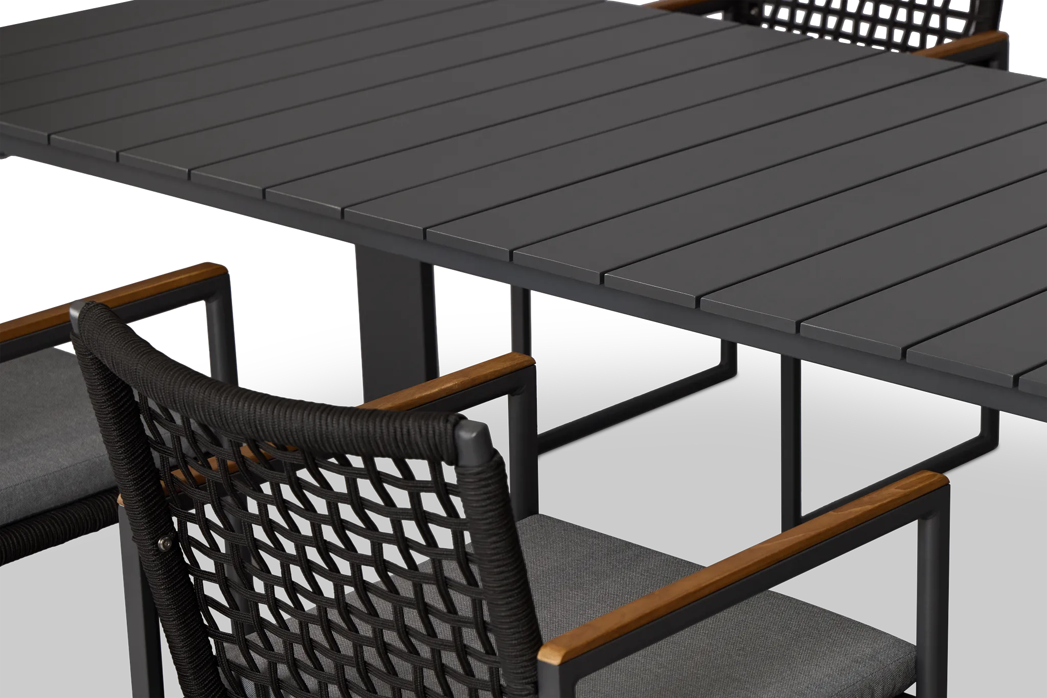 Sunrise Dark Gray 86" Rectangular Table & 4 Teak Arm Chairs