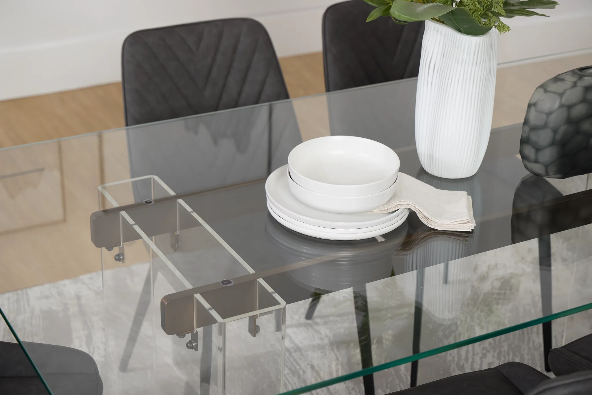 Avondale Glass Rect Table With 6 Upholstered Side Chairs