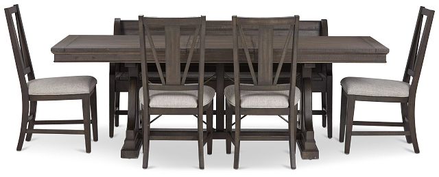 Heron Cove Dark Tone Trestle Table, 4 Chairs & Bench