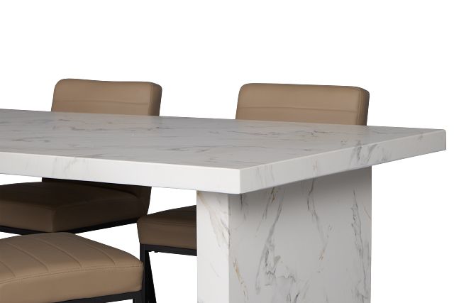 Viscaya White Table & 4 Light Taupe Upholstered Chairs