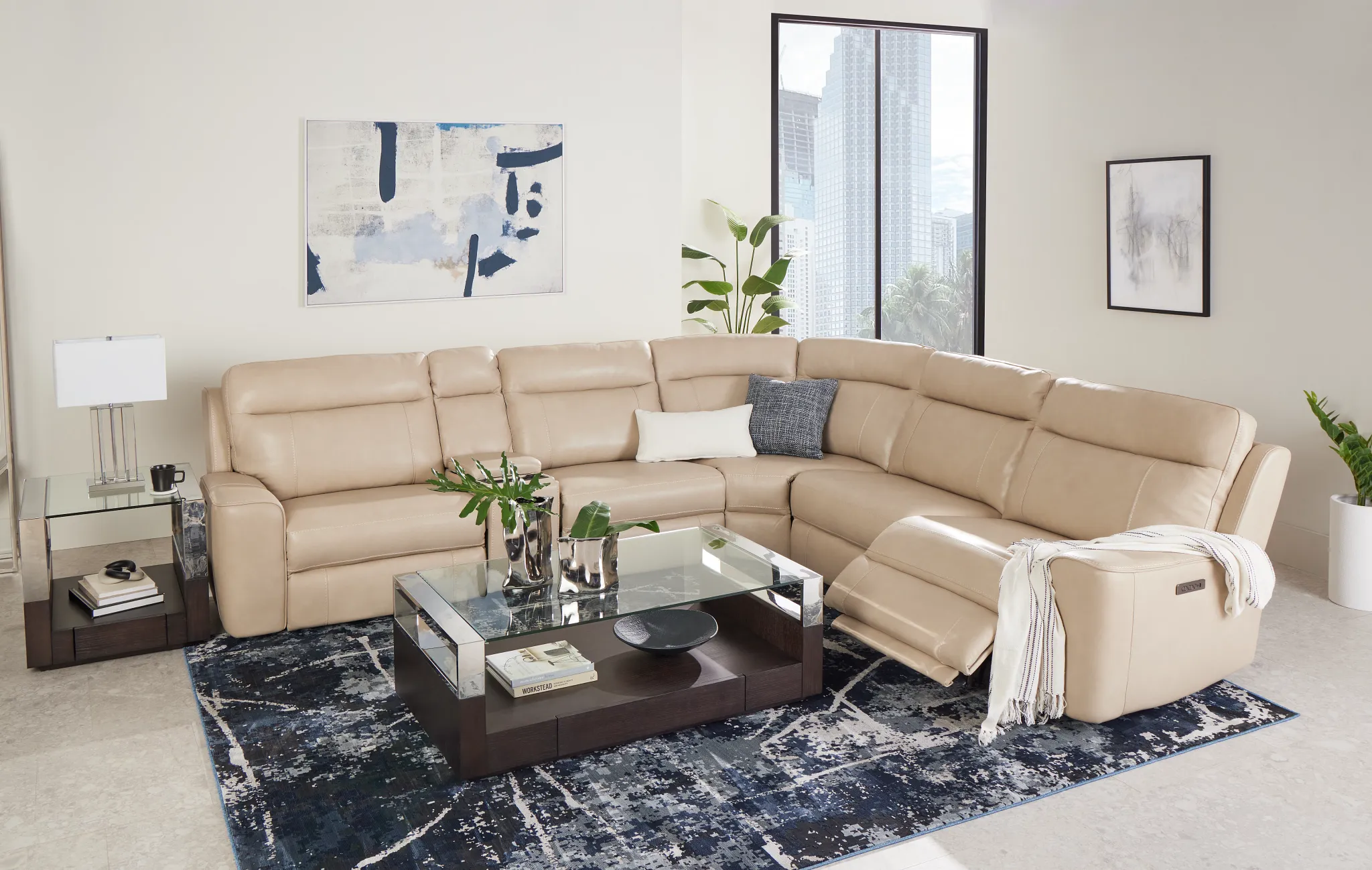 Benji Light Beige Lthr/vinyl Medium Triple Power 2-arm Sectional