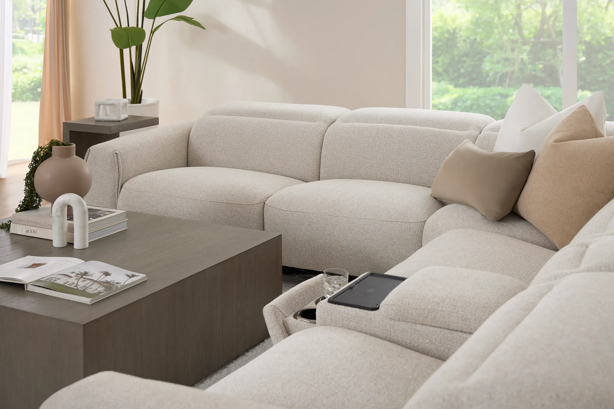 Reyna Light Beige Fabric Medium Triple Power 2-arm Sectional