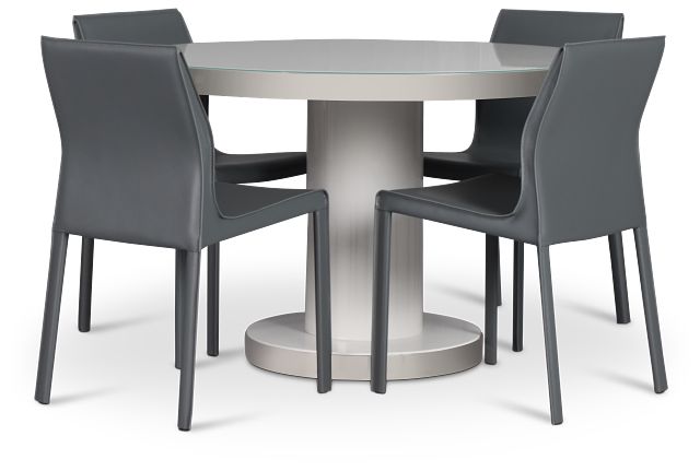 Miami White 47" Round Table & 4 Upholstered Chairs