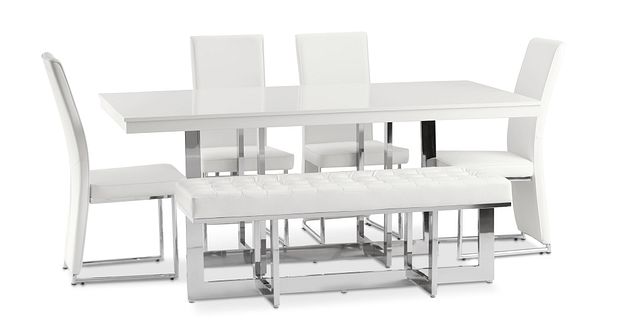 Cortina White Table, 4 Chairs & Bench