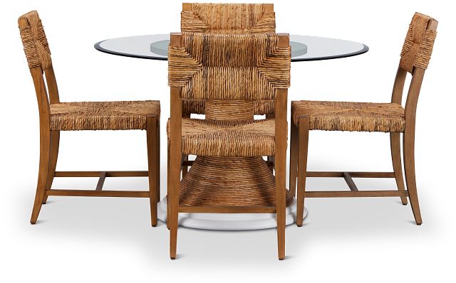 Boca Grande Glass Mid Tone Round Table & 4 Woven Chairs