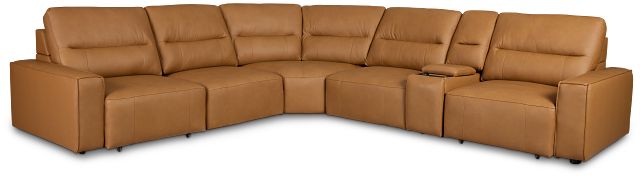 Rudy Brown Lthr/vinyl Medium Dual Power 2 Arm Extension Chaise Sectional