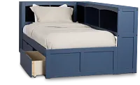 Charleston Dark Blue Corner Bookcase Bed With 2 Storage Drawers