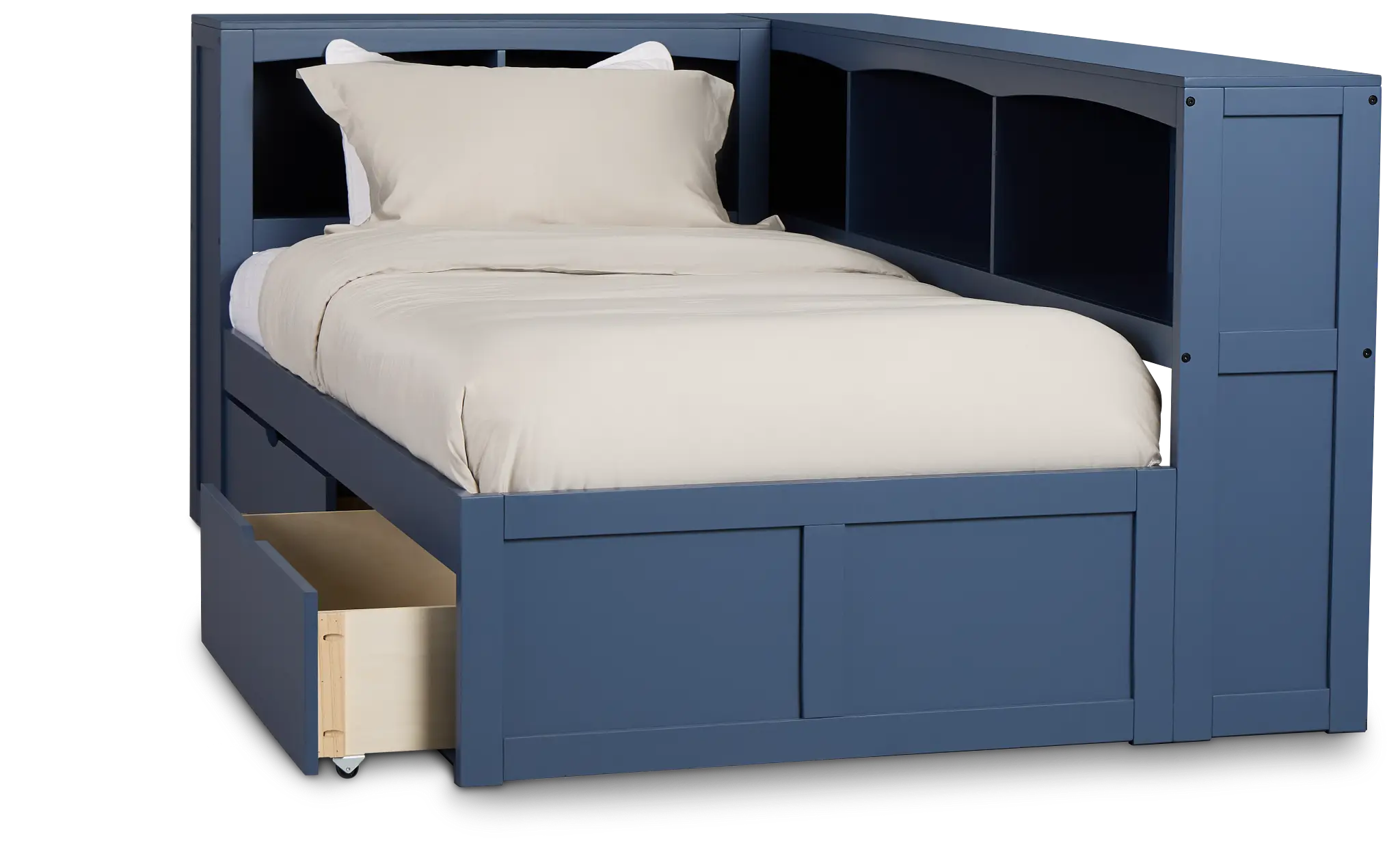 Charleston Dark Blue Corner Bookcase Bed With 2 Storage Drawers Charleston Dark Blue Corner Bookcase Bed With 2 Storage Drawers
