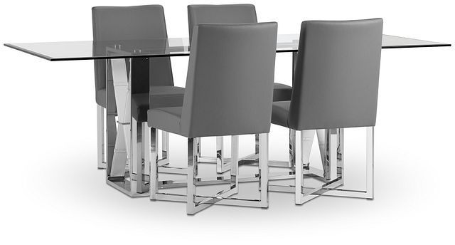 Mavis Glass Gray Table & 4 Upholstered Chairs