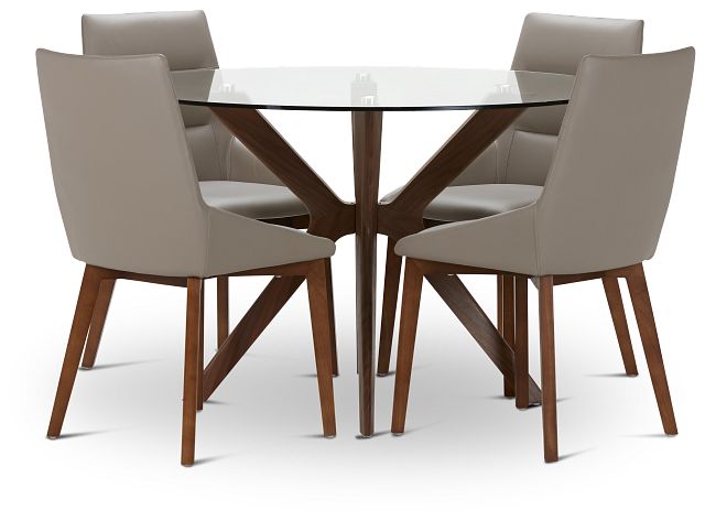Fresno Glass Taupe Round Table & 4 Upholstered Chairs