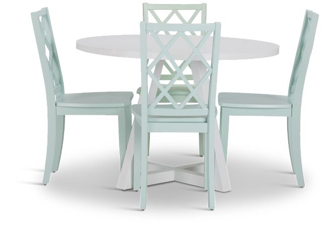 Edgartown White Round Table & 4 Light Blue Wood Chairs