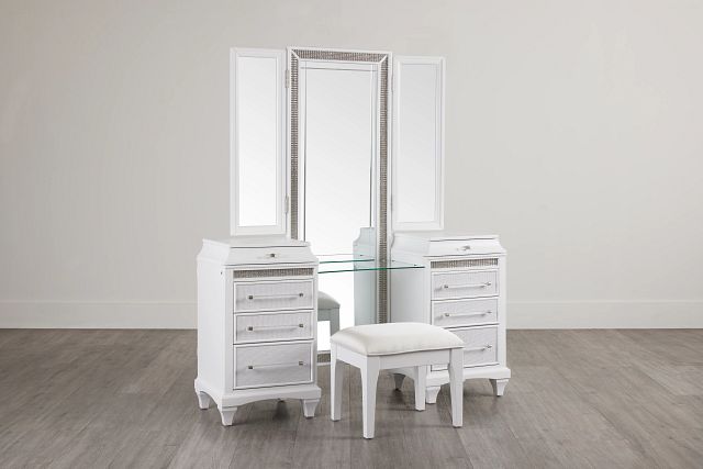 Milan White Vanity & Mirror With Stool