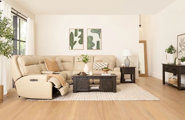 Casey Light Beige Lthr/vinyl Medium Triple Power 2-arm Sectional