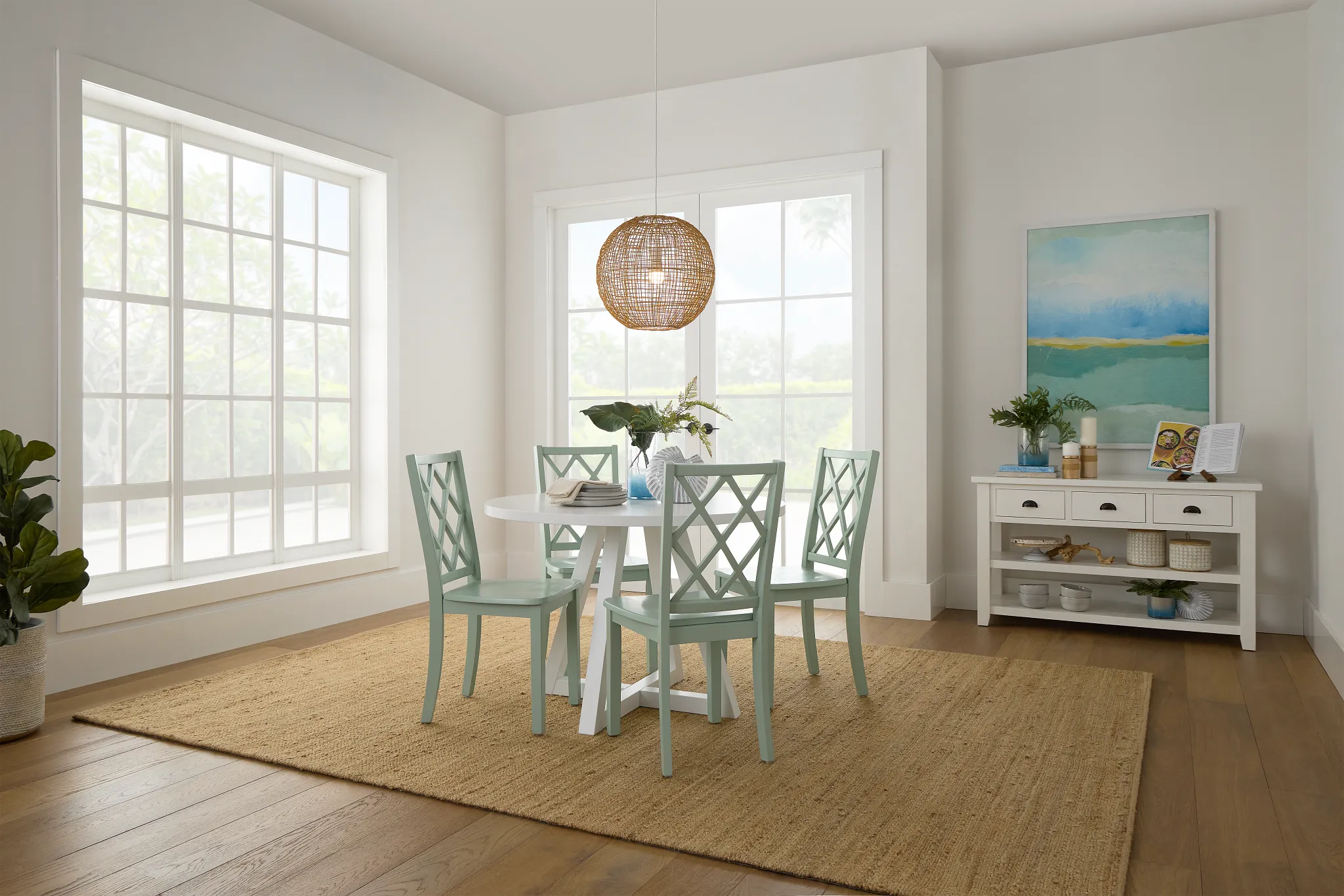 Edgartown White Round Table & 4 Light Blue Wood Chairs