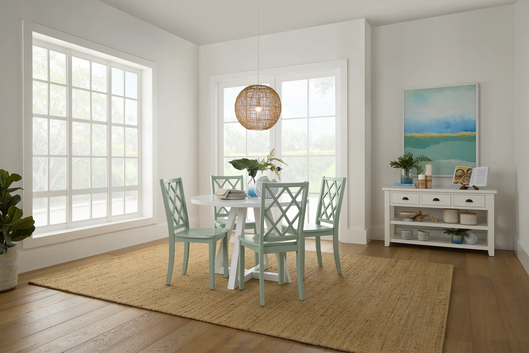 Edgartown White Round Table & 4 Light Blue Wood Chairs Edgartown White Round Table & 4 Light Blue Wood Chairs