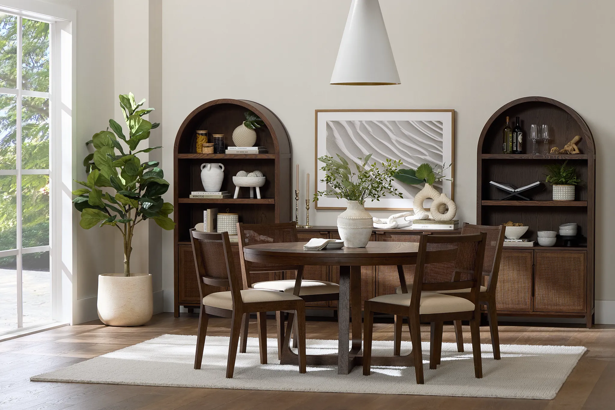 Pacific Mid Tone Round Table & 4 Upholstered Chairs