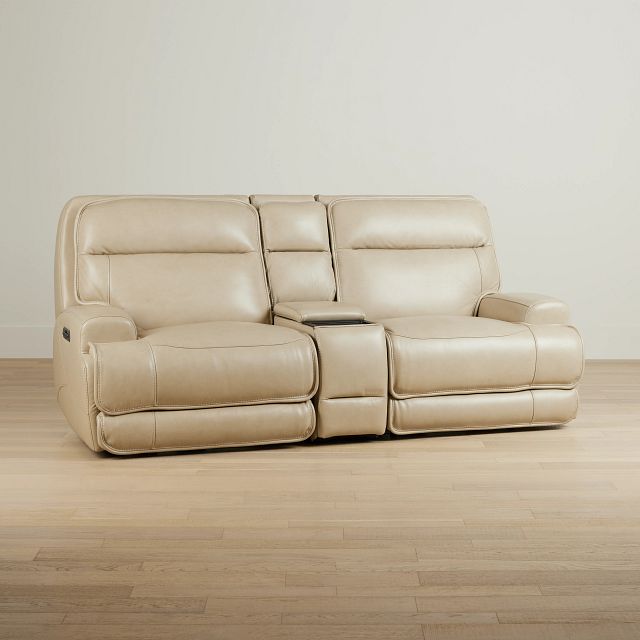 Casey Light Beige Lthr/vinyl Power Reclining Console Sofa