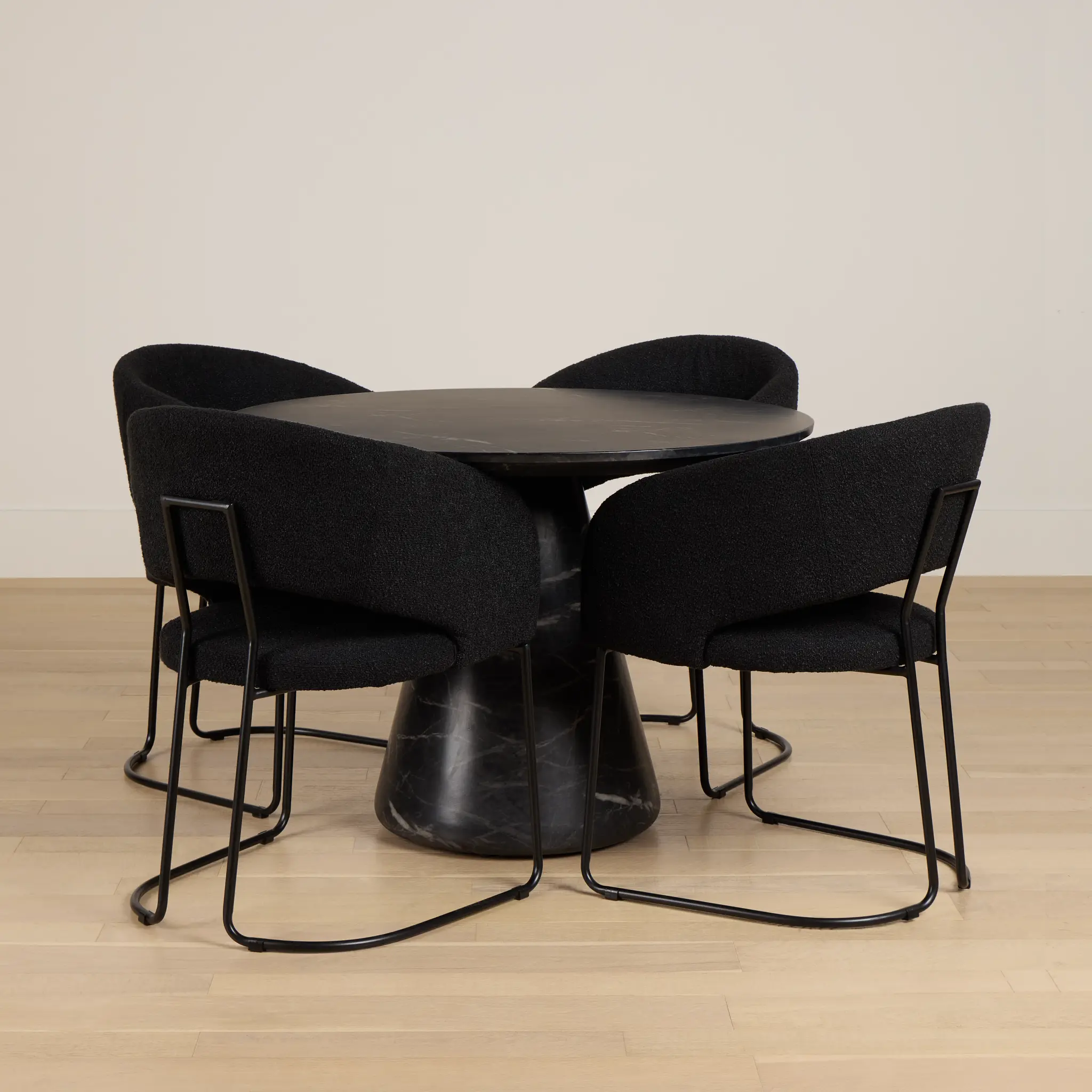 Merrick Black Round Table With 4 Black Upholstered Side Chairs Merrick Black Round Table With 4 Black Upholstered Side Chairs