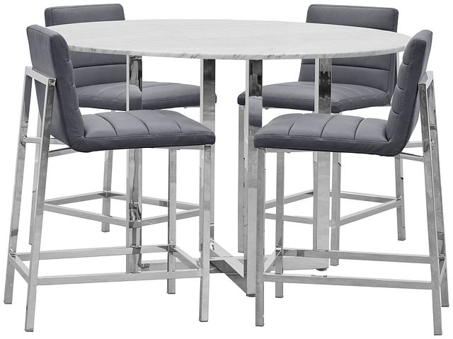 Amalfi Gray Marble High Table & 4 Upholstered Barstools
