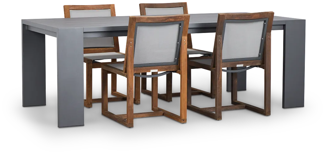 Linear Dark Gray 87" Aluminum Table & 4 Teak Sling Side Chairs
