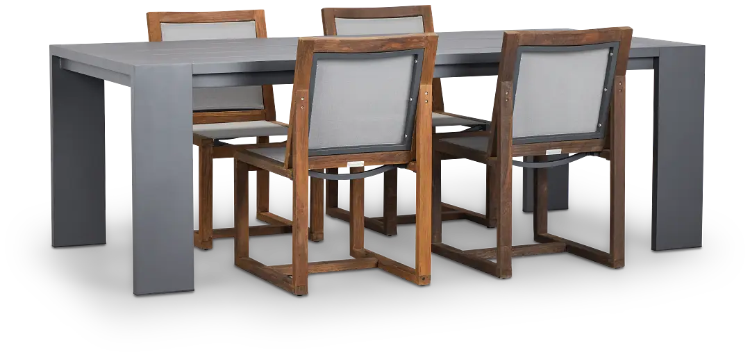 Linear Dark Gray 87" Aluminum Table & 4 Teak Sling Side Chairs Linear Dark Gray 87" Aluminum Table & 4 Teak Sling Side Chairs