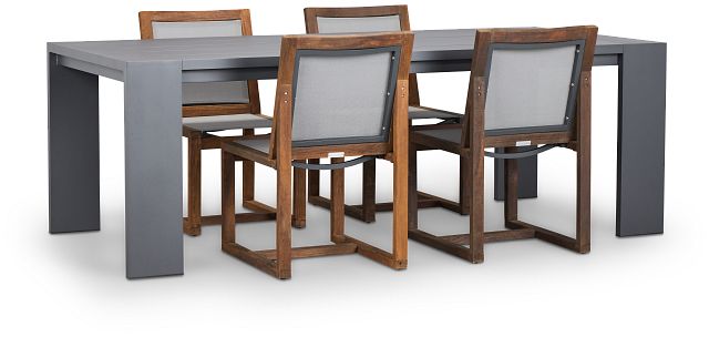 Linear Dark Gray 87" Aluminum Table & 4 Teak Sling Side Chairs