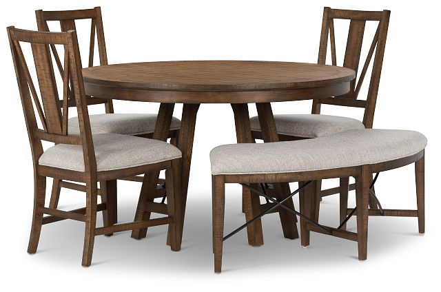 Heron Cove Mid Tone Round Table, 3 Chairs & Bench (2)