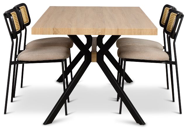 Lynden Light Tone Rect Table & 4 Beige Woven Upholstered Side Chairs