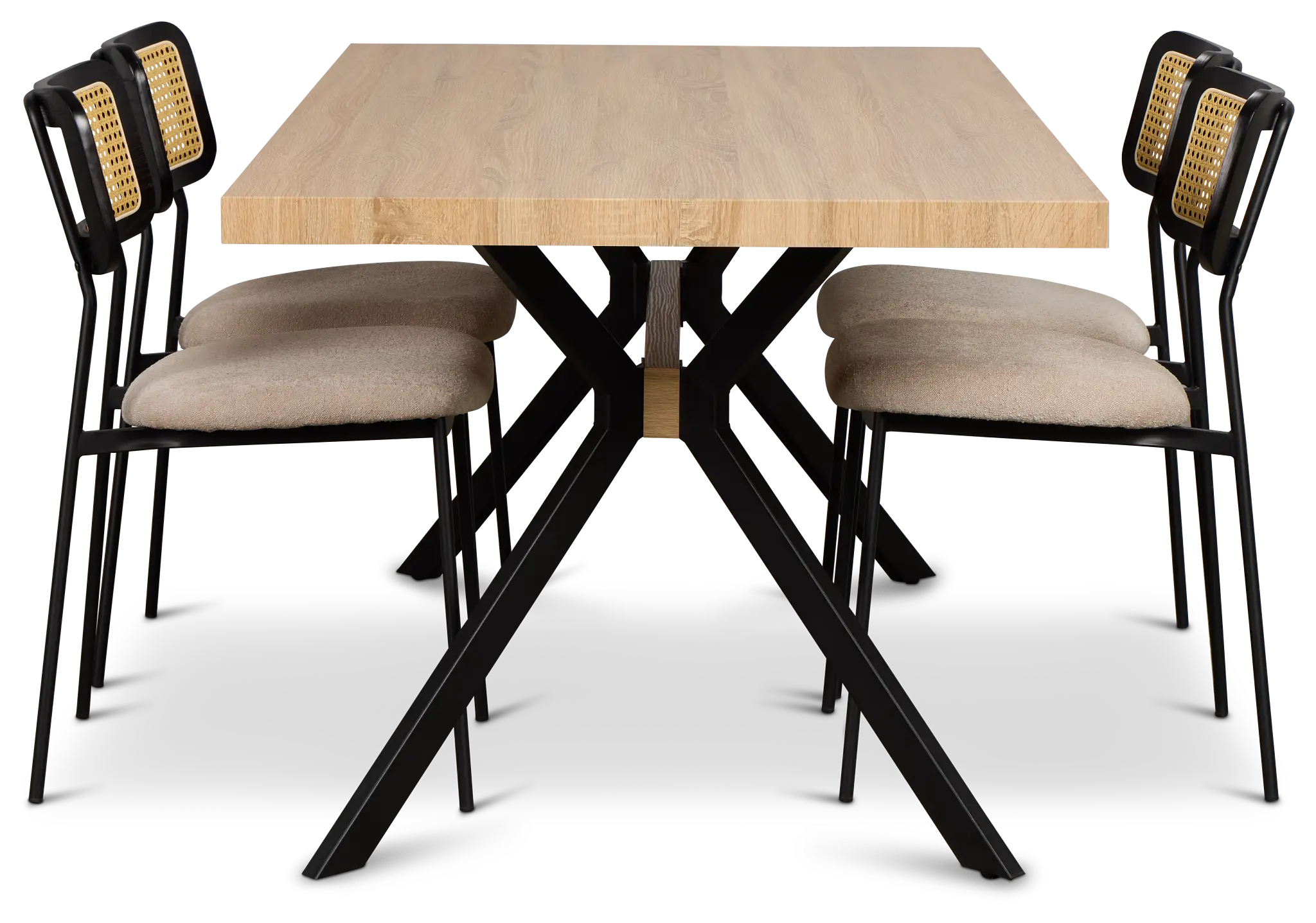 Lynden Light Tone Rect Table & 4 Beige Woven Upholstered Side Chairs Lynden Light Tone Rect Table & 4 Beige Woven Upholstered Side Chairs
