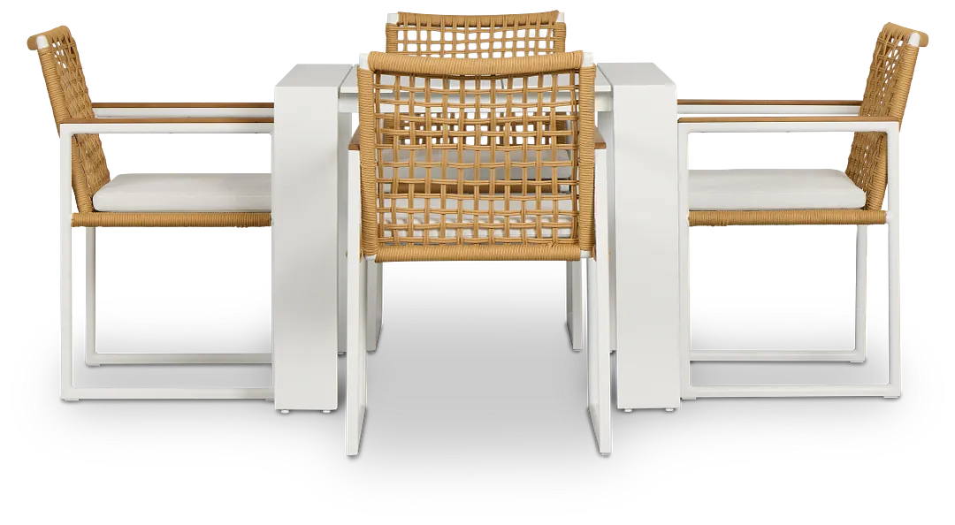 Sunrise White 35" Square Table & 4 Teak Arm Chairs