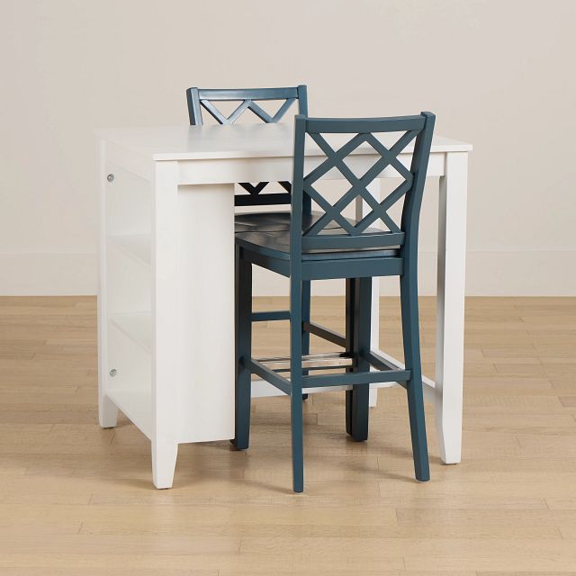 Edgartown White Storage High Table & 2 Navy Wood Barstools