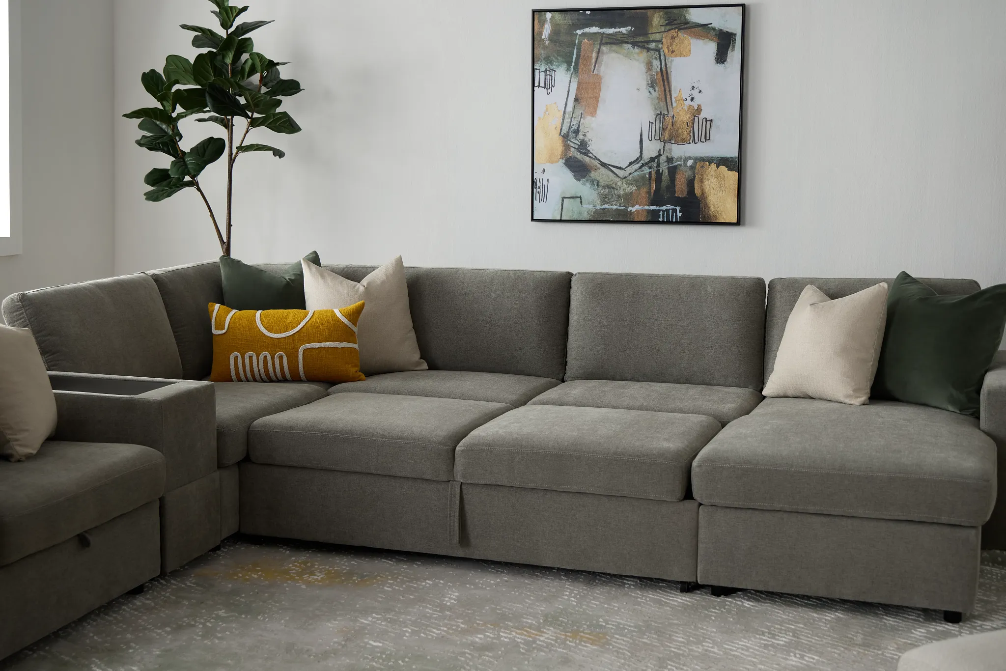 Addie Gray Fabric Medium Right Chaise Sleeper Sectional With Console